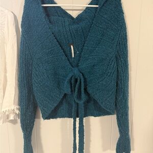 Medium Free Peopke Teal Knit Women's Sweater Tie with hood